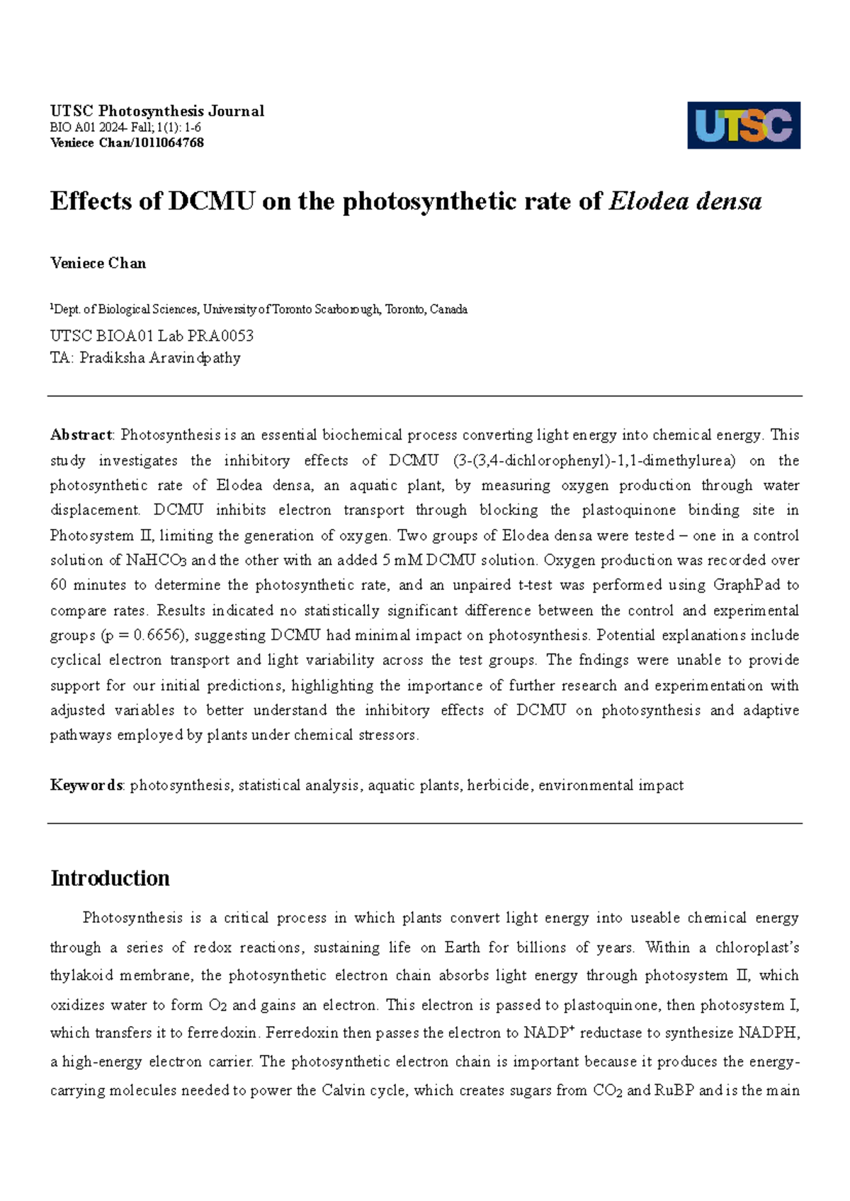 BIOA01 Final Lab Report: Impact of DCMU on Elodea densa Photosynthesis ...