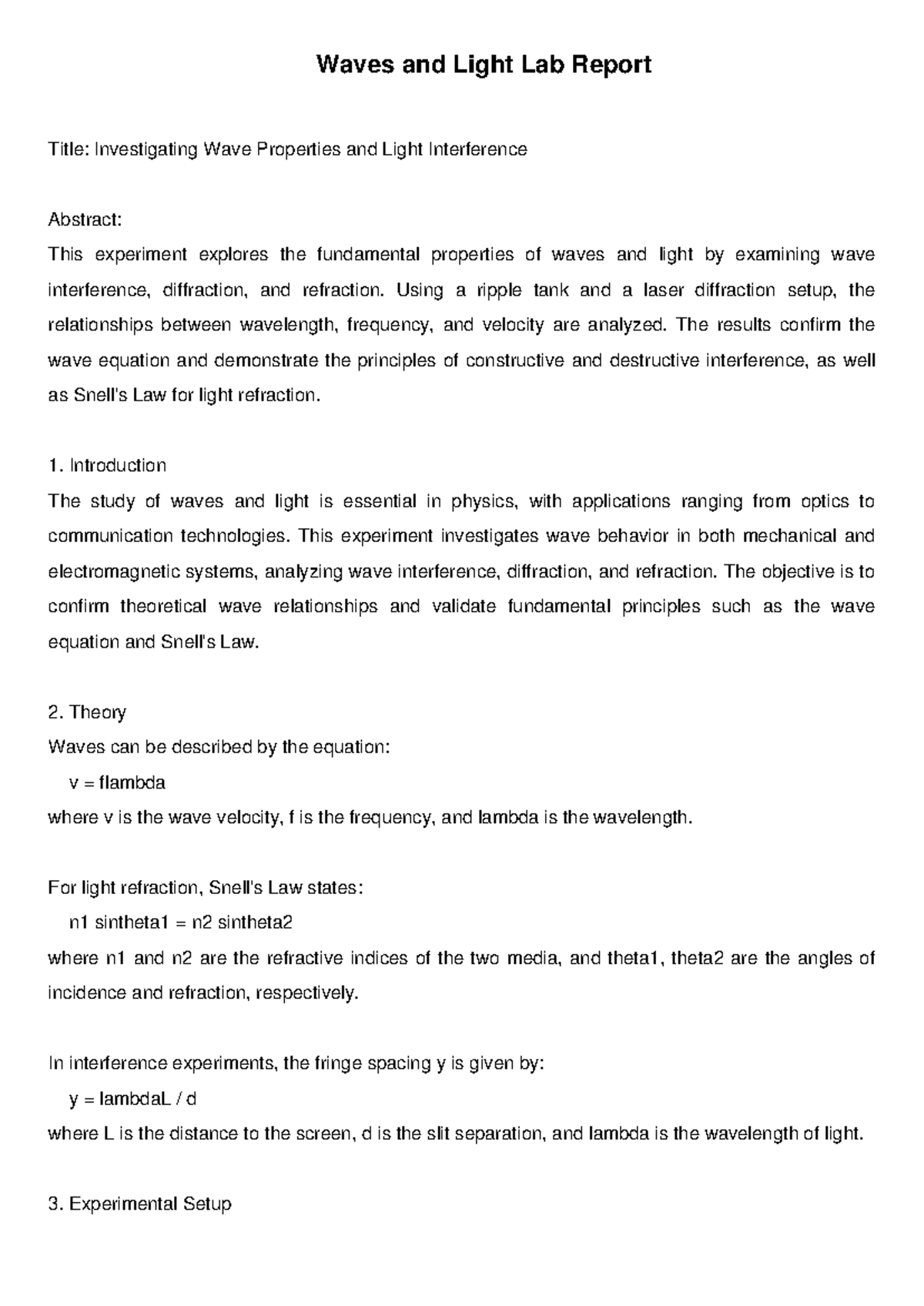 Waves and Light Lab Report: Interference, Diffraction, and Refraction ...
