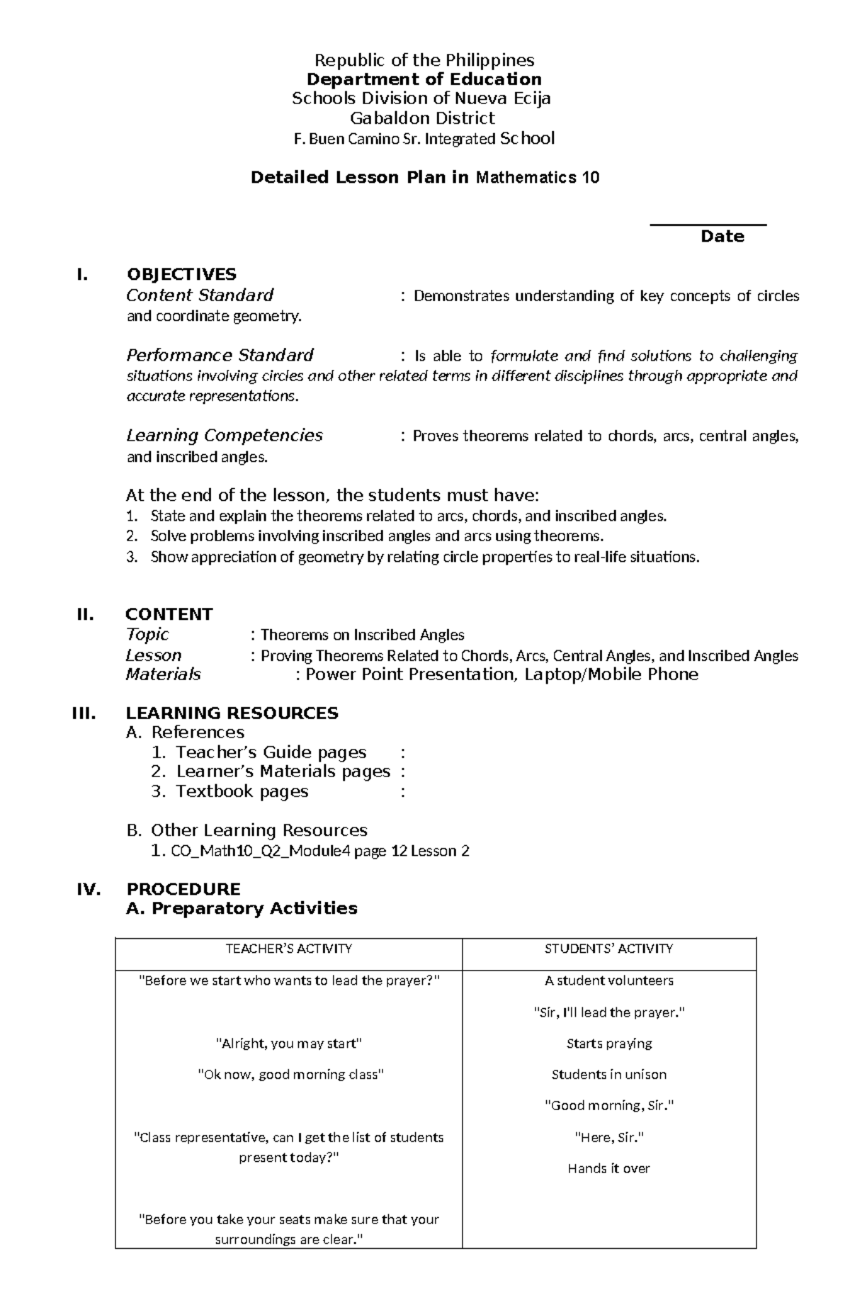 Mathematics 10 Detailed Lesson Plan: Inscribed Angles & Theorems - Studocu