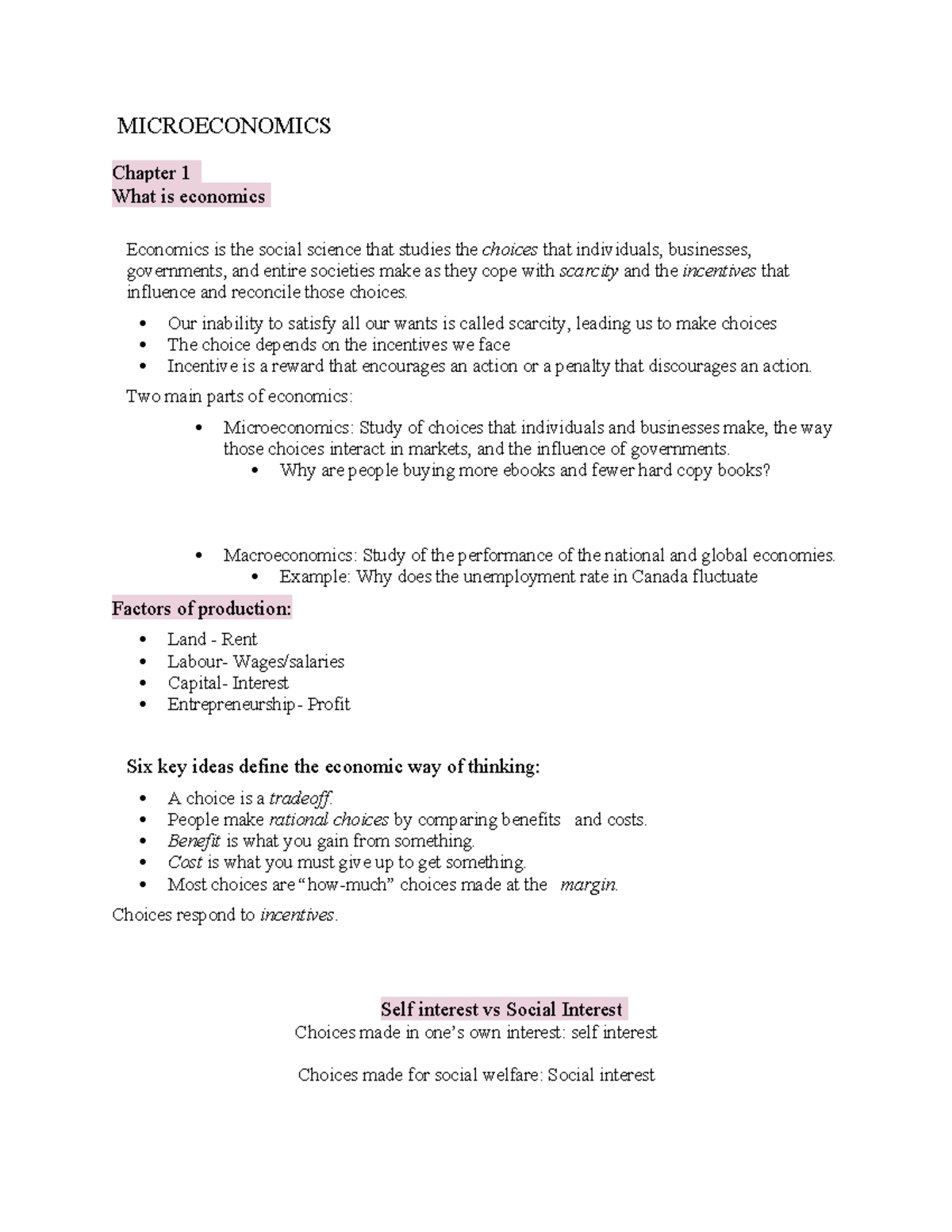 Microeconomics IN Class Notes - MICROECONOMICS Chapter 1 What is ...