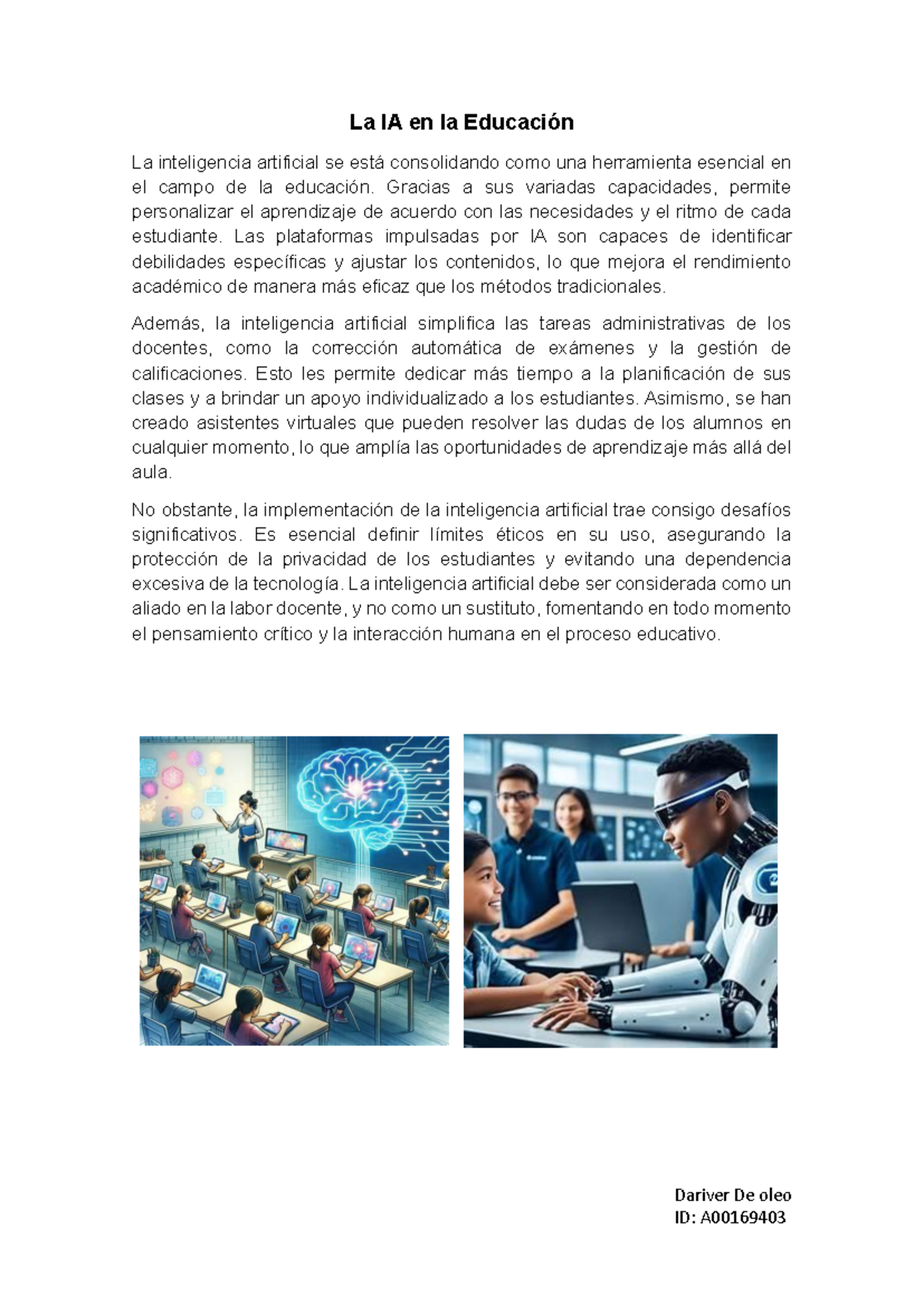 IA en la Educación: Beneficios y Desafíos - ID: A00169403 - Studocu