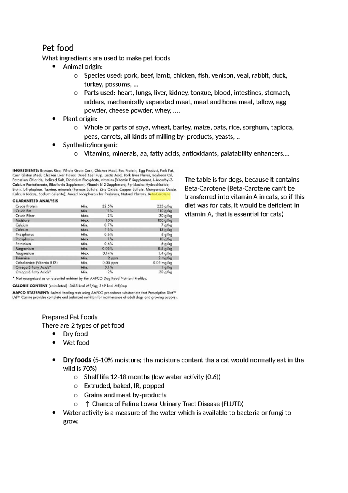 L11 Pet Food - Lecture Notes on Ingredients and Preparation - Studeersnel