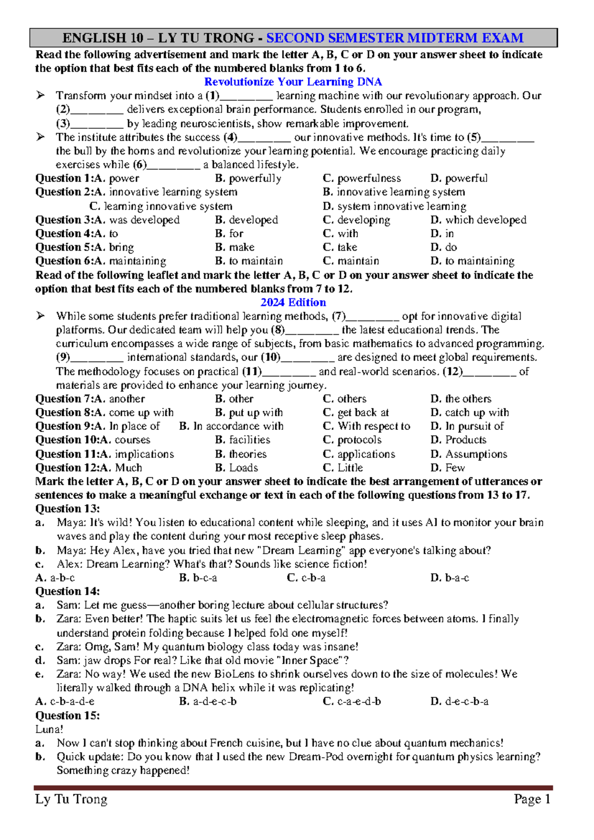ENGLISH 10 LY TU TRONG SECOND SEMESTER MIDTERM EXAM REVIEW - Studocu