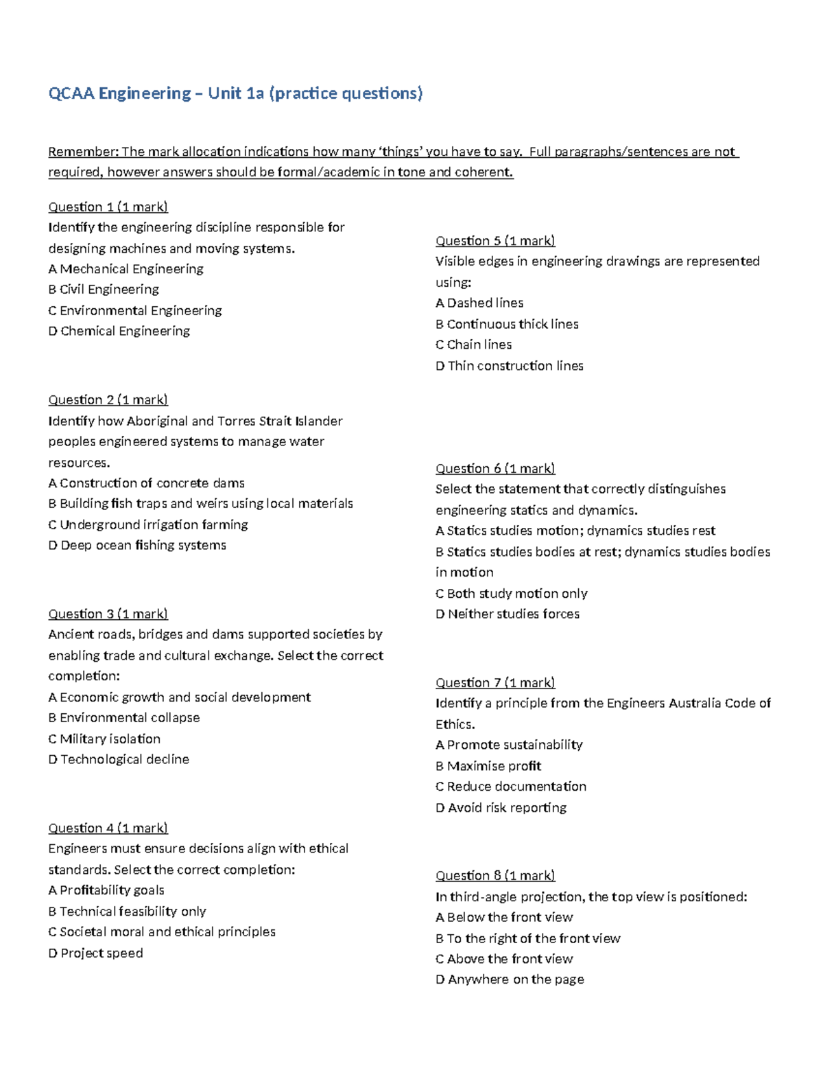 Unit 1 Engineering Practice Exam Questions (QCAA) - Studocu