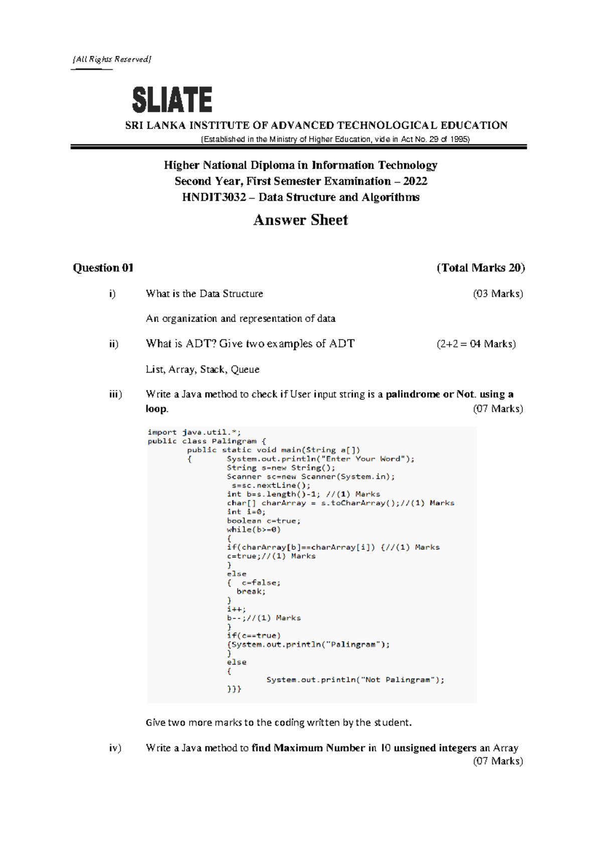 HNDIT3032 Final Exam Answer Sheet: Data Structures & Algorithms 2022 ...