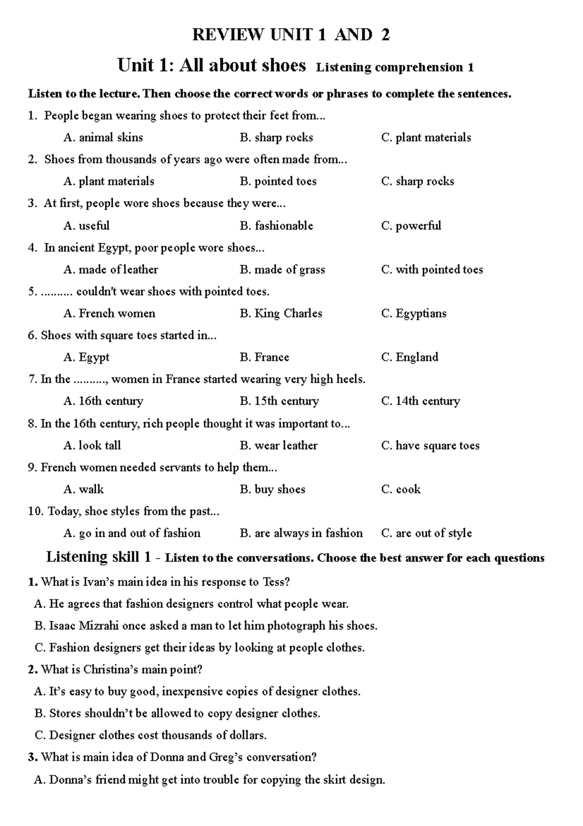 Listening Comprehension Review: Units 1 & 2 (L1 U1-2) - Studocu