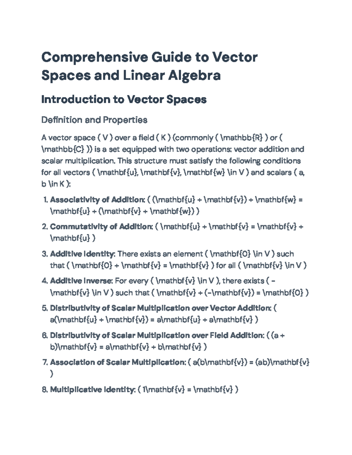 Comprehensive Notes on Vector Spaces and Linear Algebra - Comprehensive ...