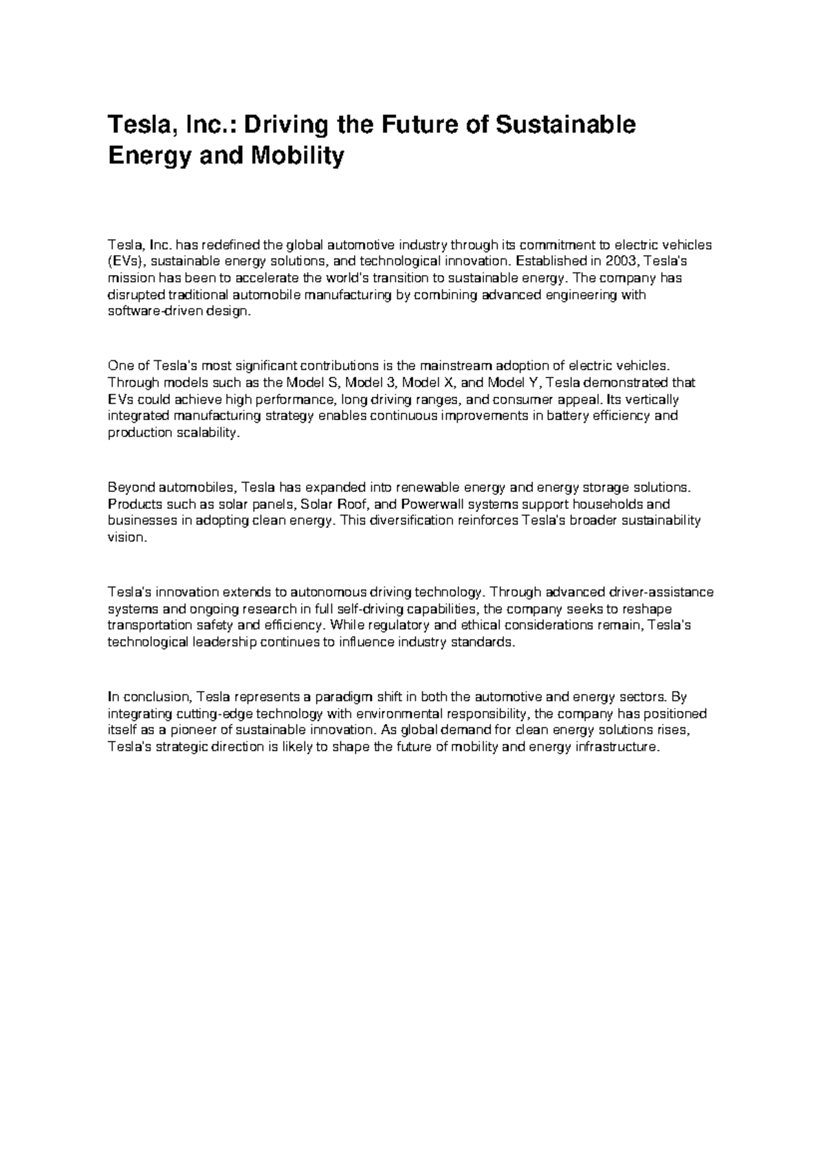 Professional Essay on Tesla, Inc.: Pioneering Sustainable Energy ...