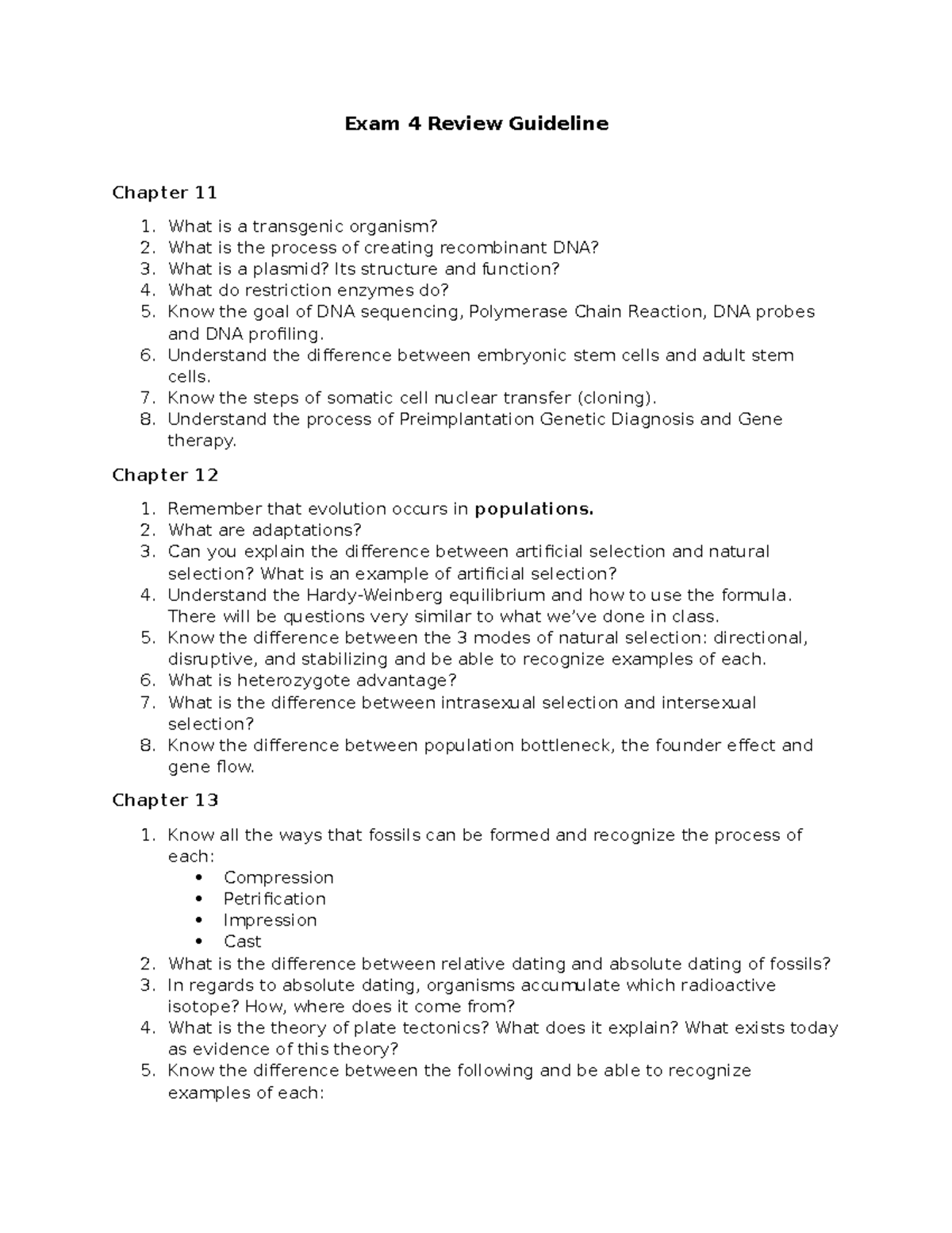Exam 4 Review Guidelines: Genetics, Evolution, and Fossil Formation ...
