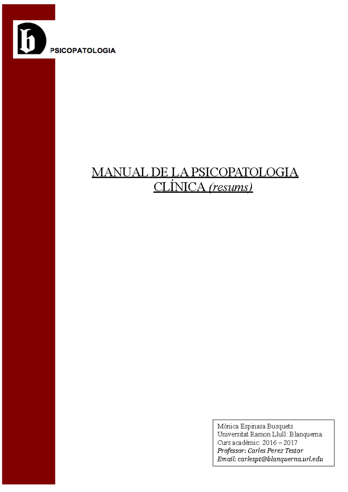 Manual de psicopatologia clínica (resum) - MANUAL DE LA PSICOPATOLOGIA ...