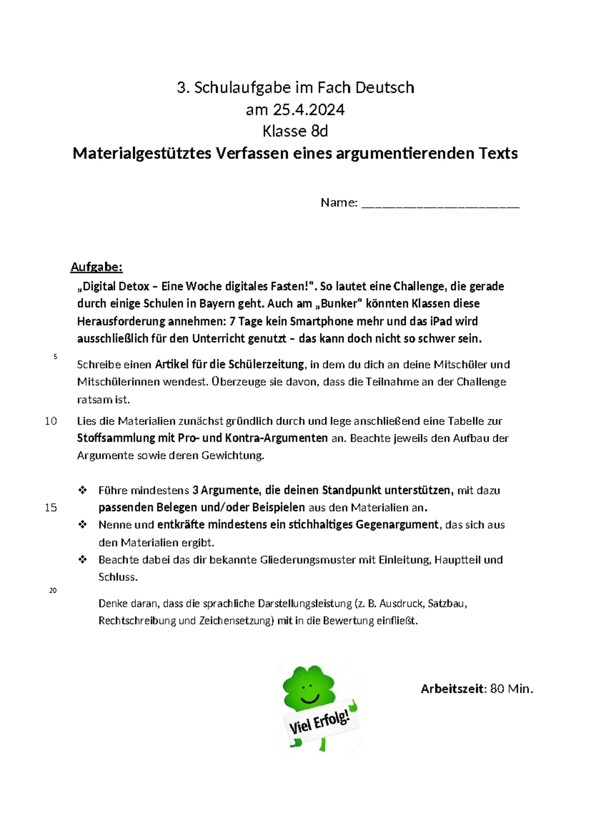 Materialgestütztes Argumentieren Klasse 7 Pdf Klassenarbeit für die Klasse 8 - Materialgestütztes Argumentieren
