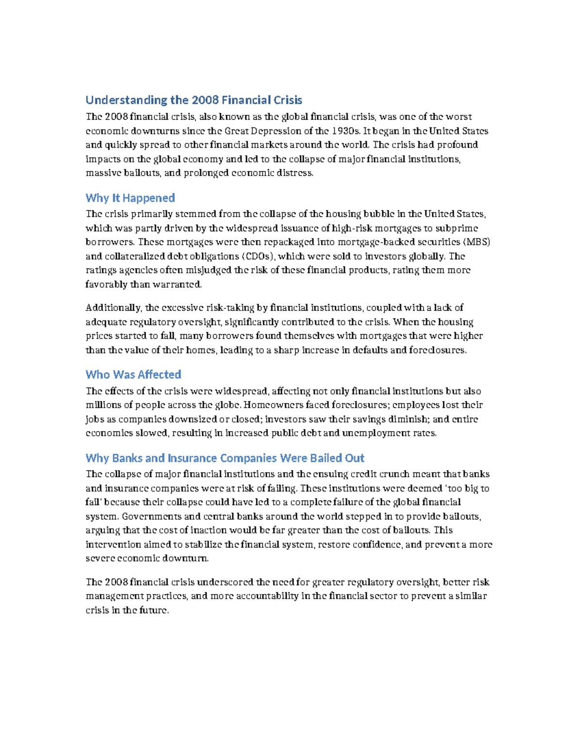 Overview of the 2008 Financial Crisis: Causes and Impacts - Studocu