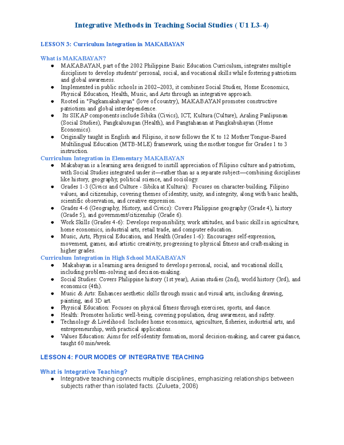 U1 L3-4: Integrative Methods in Teaching Social Studies Overview - Studocu