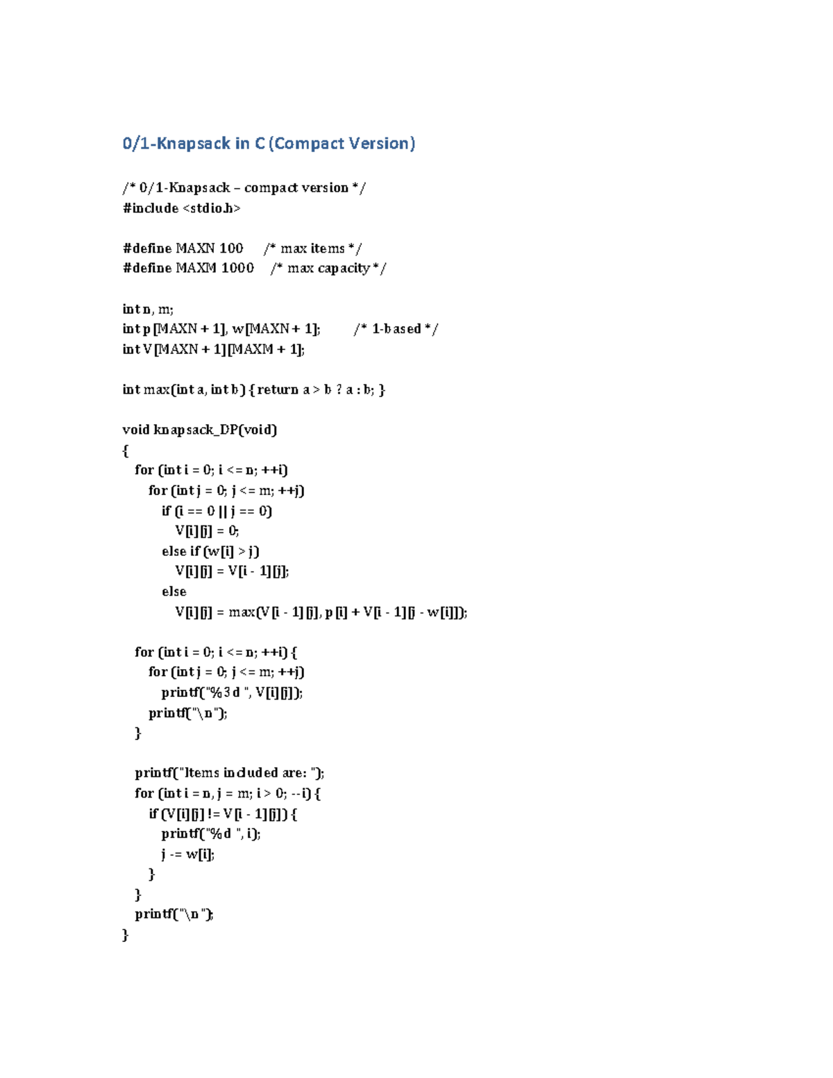 0/1-Knapsack Algorithm in C - Compact Version (6th ADA) - Studocu