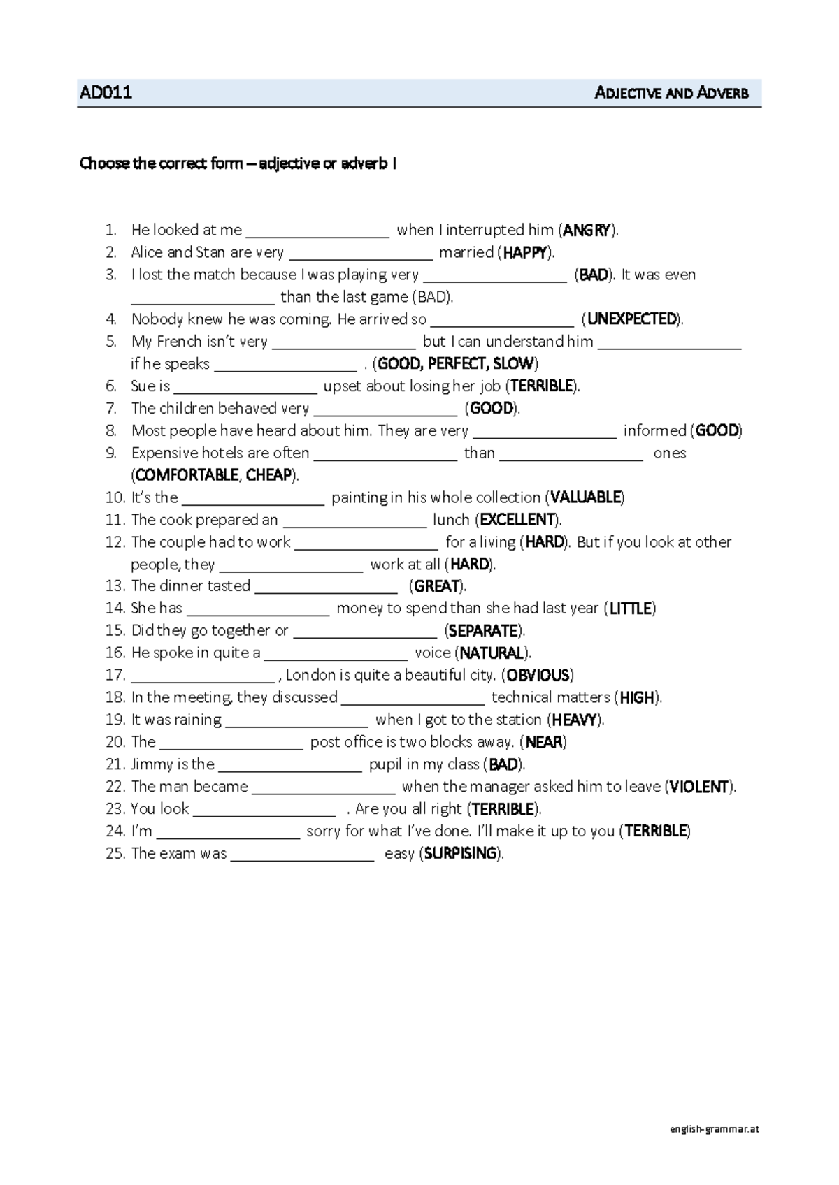 AD011 Adjective and Adverb Exercise Sheet: Fill in the Blanks - Studocu