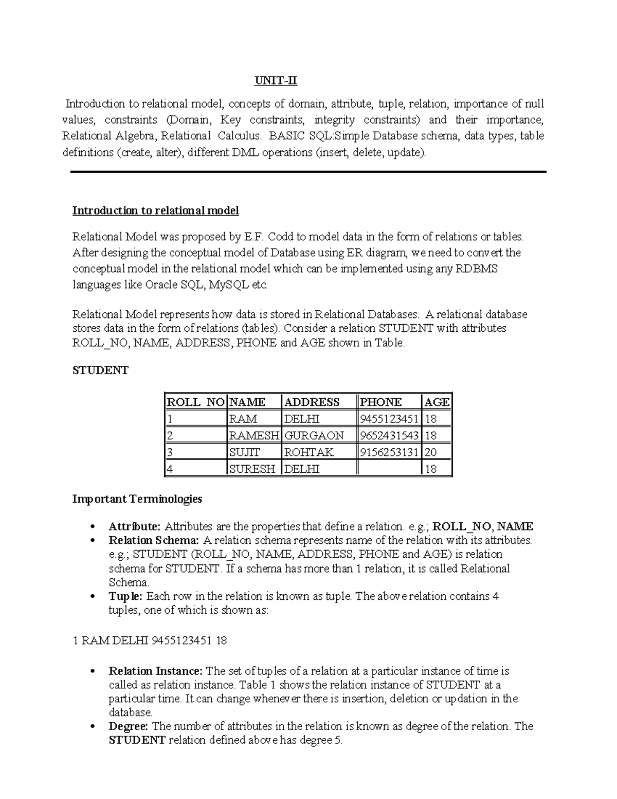 DBMS UNIT-2: Relational Model, SQL Basics, and Null Values - Studocu