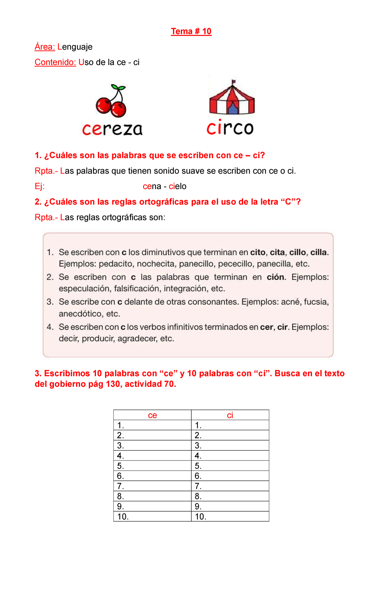 Tema # 10: Uso de la Ce - Ci en Lenguaje (3er Trimestre) - Document Preview