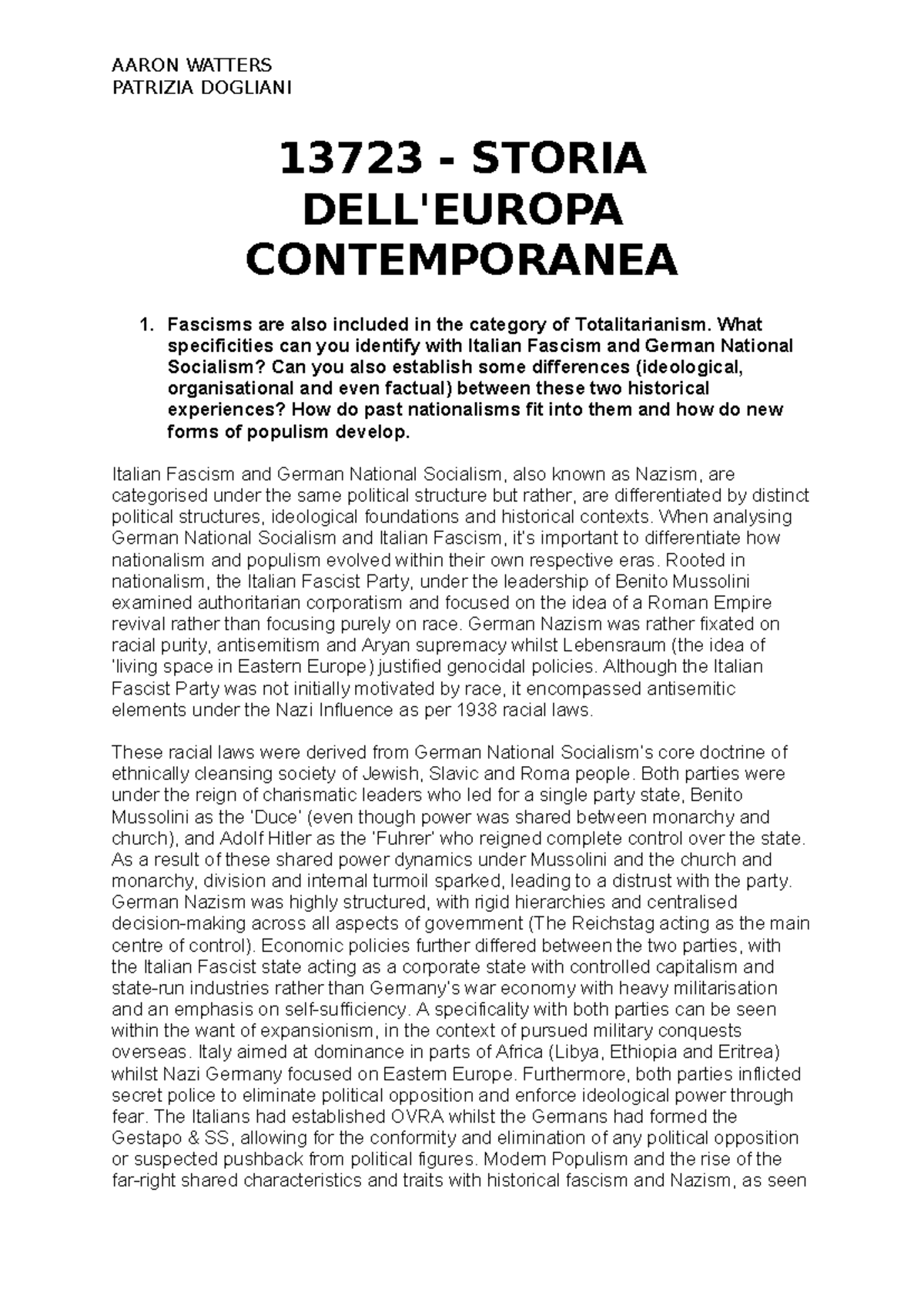 13723 - Final Exam Notes on Italian Fascism and German Nazism - Studocu