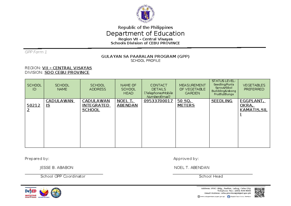 Cadulawan IS GPP-Form-1 - Republic of the Philippines Department of ...