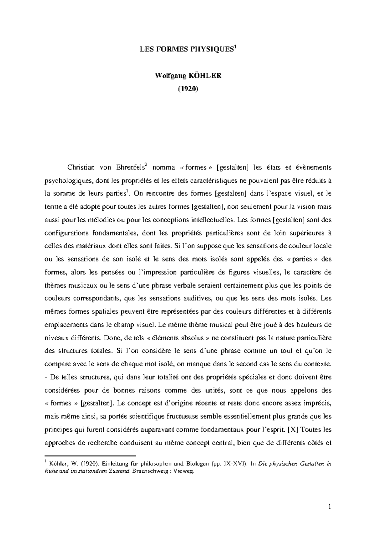 Étude sur les Formes Physiques en Psychologie - W. Köhler (1920) - Studocu