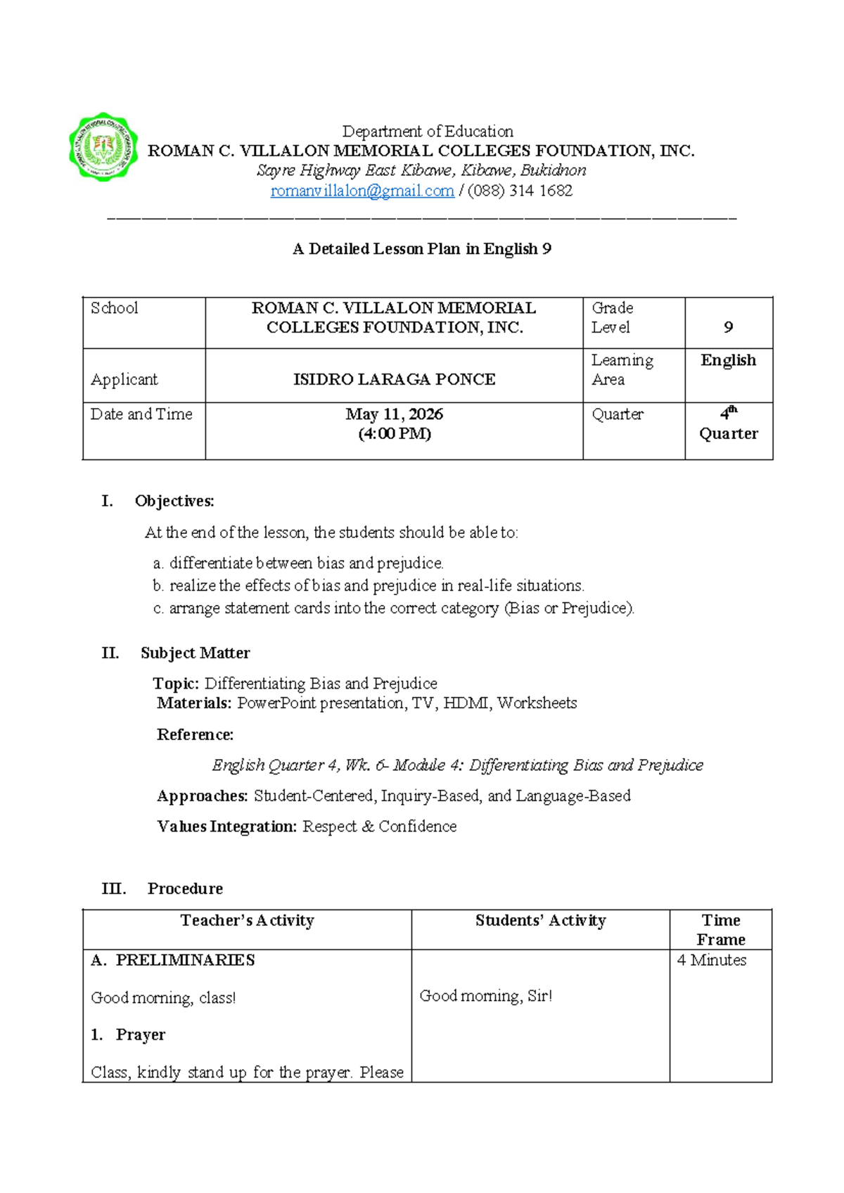 KNHS English 9 DLP: Differentiating Bias and Prejudice Lesson Plan ...
