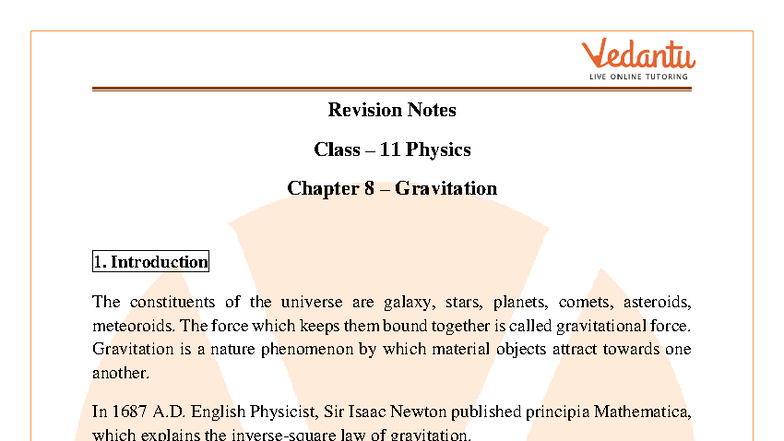 CBSE Class 11 Physics Notes: Chapter 8 - Gravitation Overview - Studocu