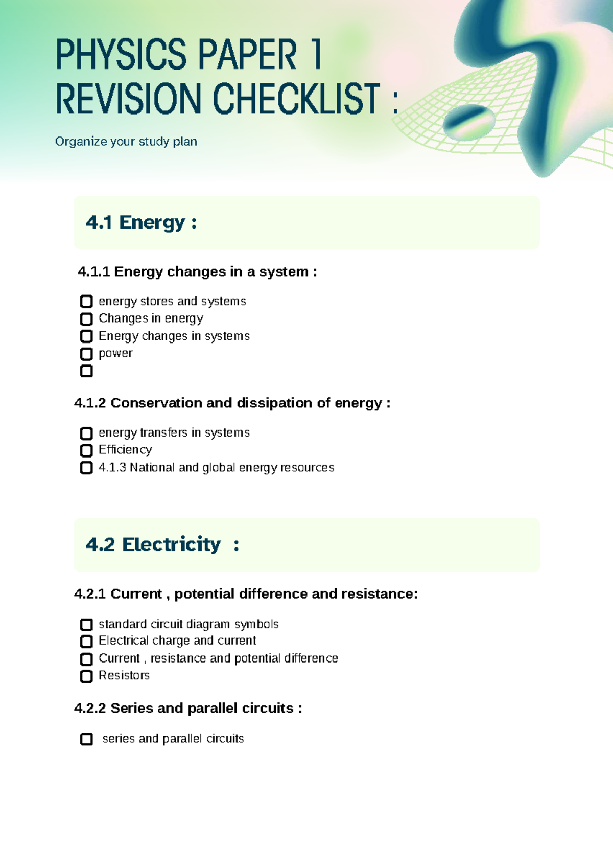 PHYSICS 101 FINAL EXAM REVISION CHECKLIST: Energy & Electricity - Studocu