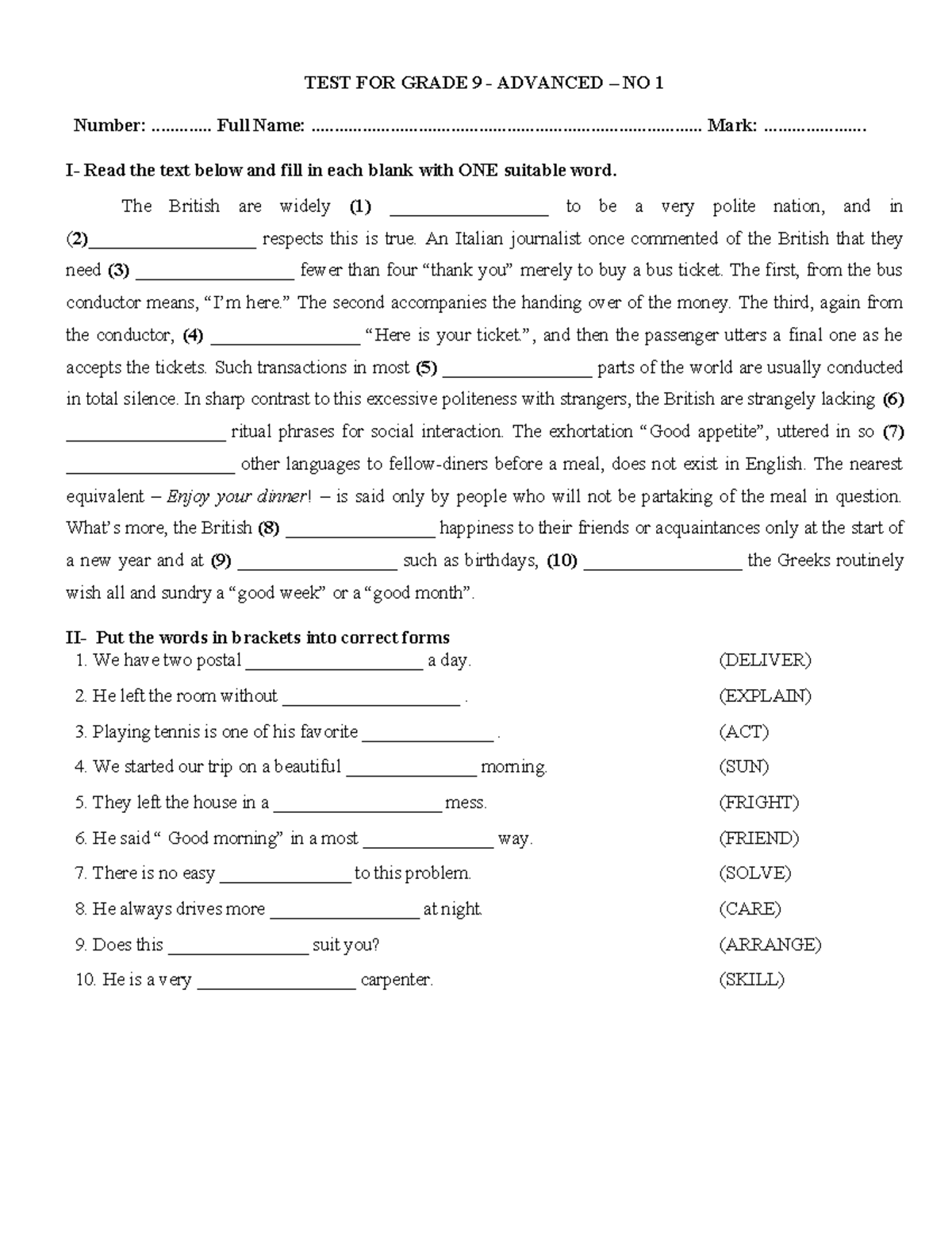 Test for Grade 9: Grammar & Vocabulary Review - Advanced Level 1 - Studocu