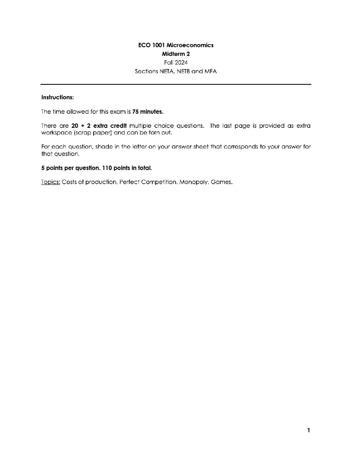 Fall 2024 ECO 1001 Microeconomics Midterm 2 Exam Instructions & Topics ...