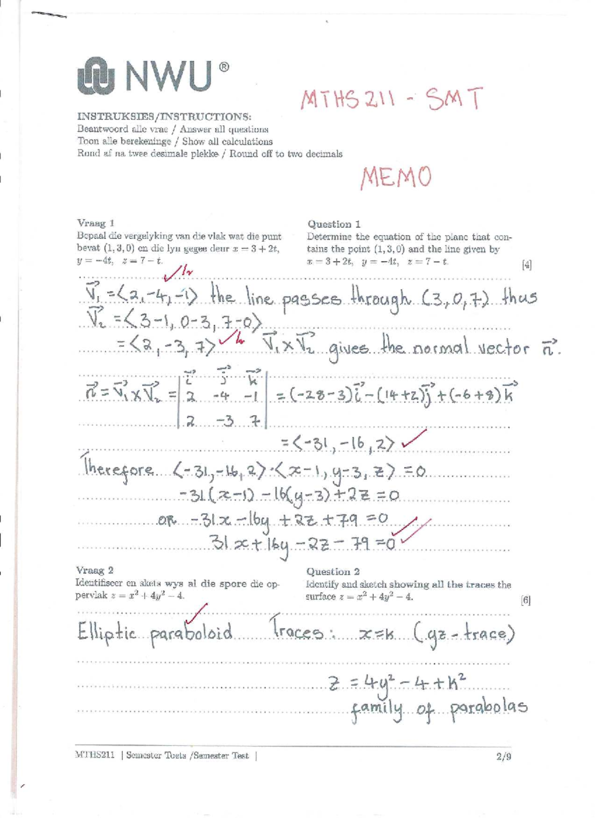 MTHS211 | Semester Test Memo 2024 - Detailed Solutions - Studocu