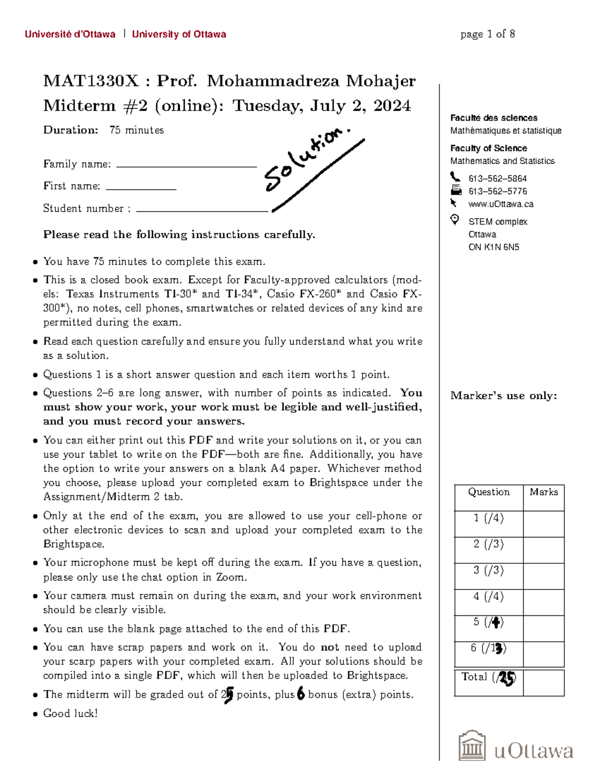 Midterm 2 solutions for MAT1330X: Prof. Mohajer, July 2, 2024 - Studocu