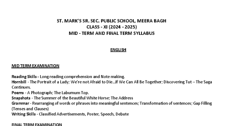 CLASS XI (2024-2025) MIDTERM & FINAL TERM SYLLABUS OVERVIEW - Studocu