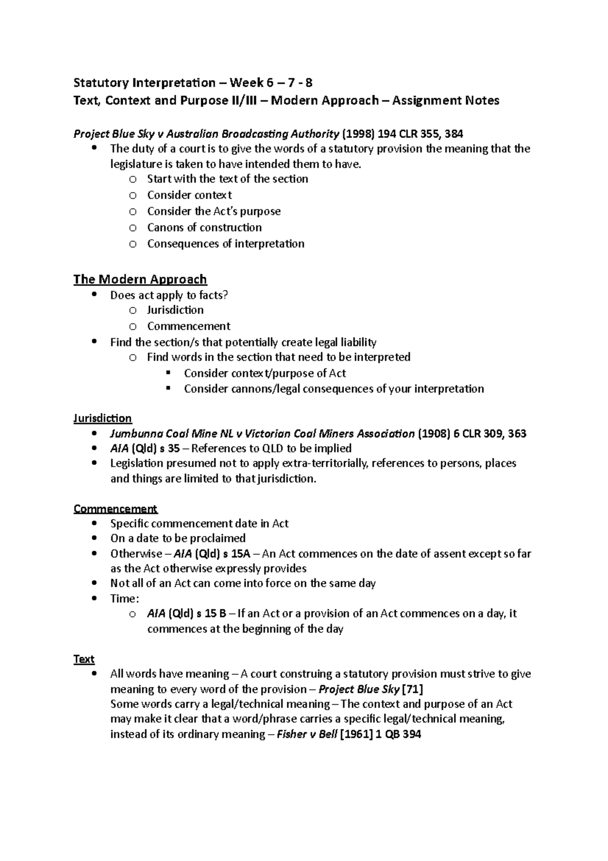Statutory Interpretation Weeks 6-8 Assignment Notes Overview - Studocu