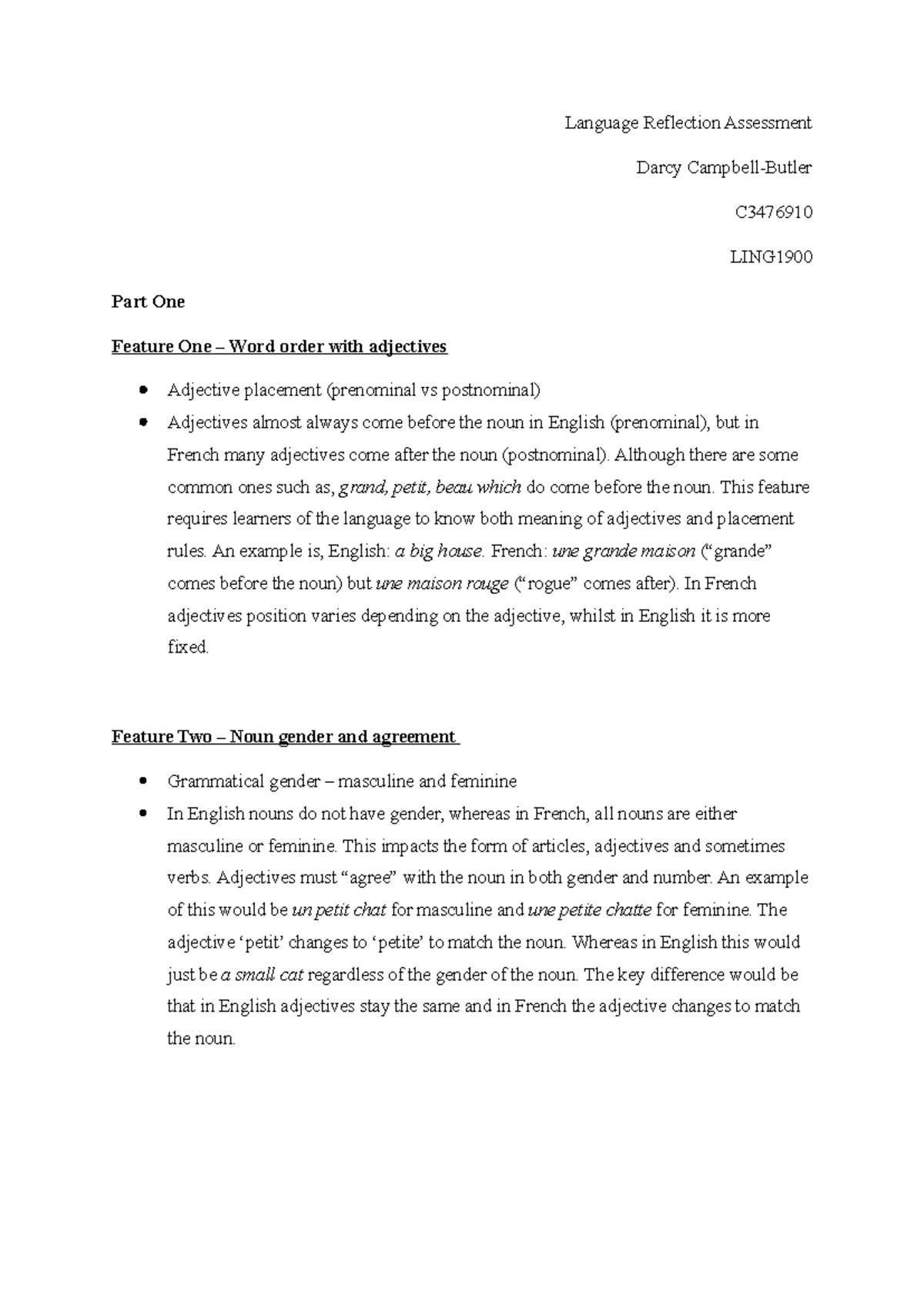 Language Reflection Assessment LING1900: Adjective Placement & Gender ...