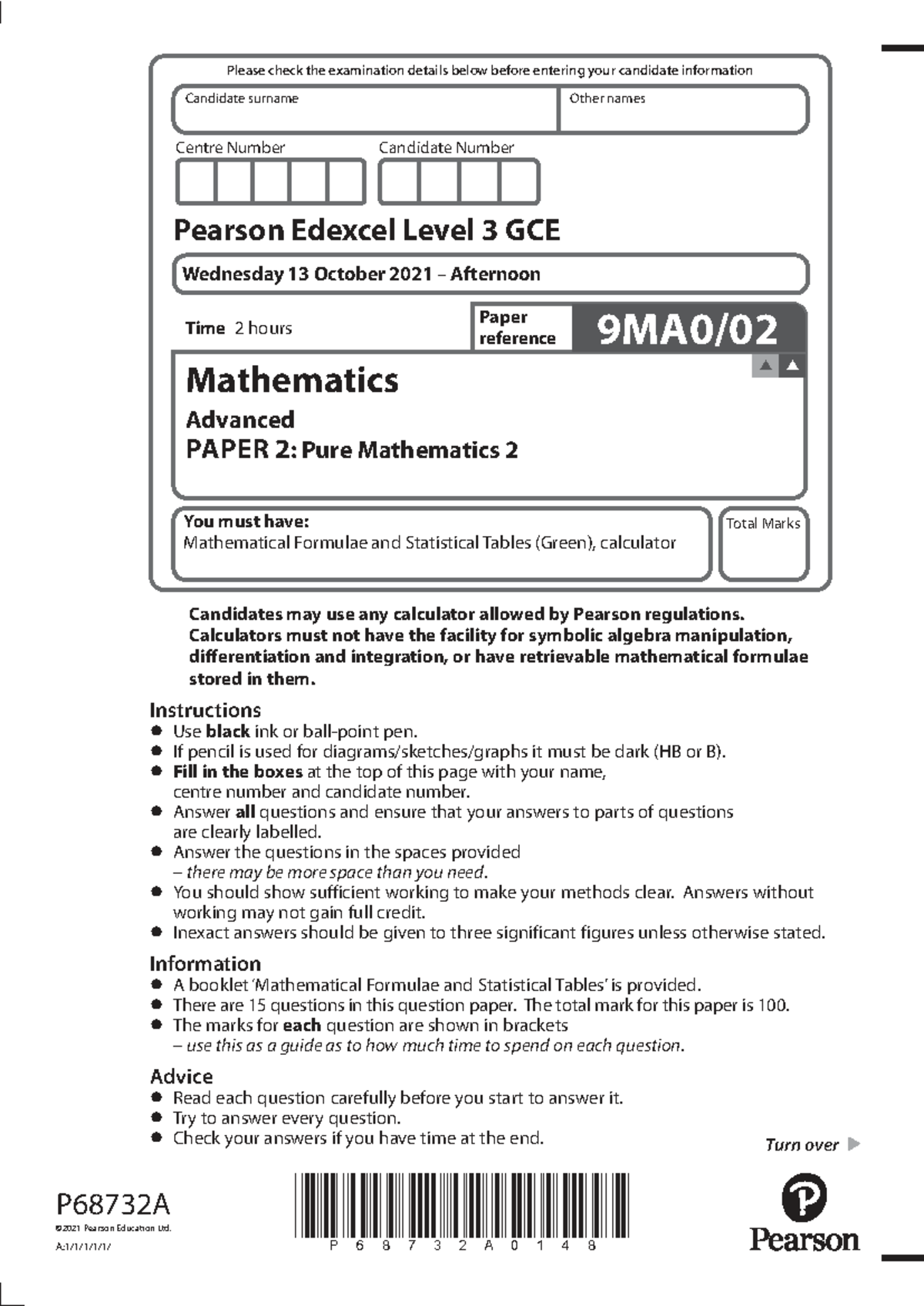 A Level Mathematics (Pure 2) Exam Paper - October 2021 - Studocu