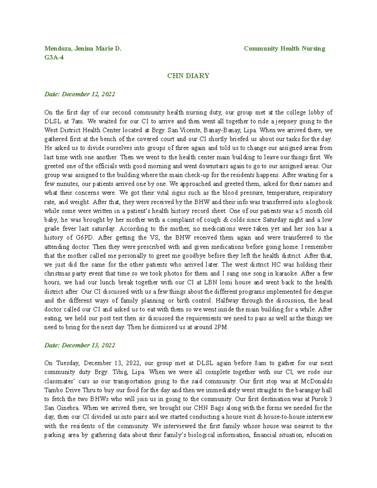 CHN G3A Duty Diary: Community Health Nursing Experience 2022 - Studocu