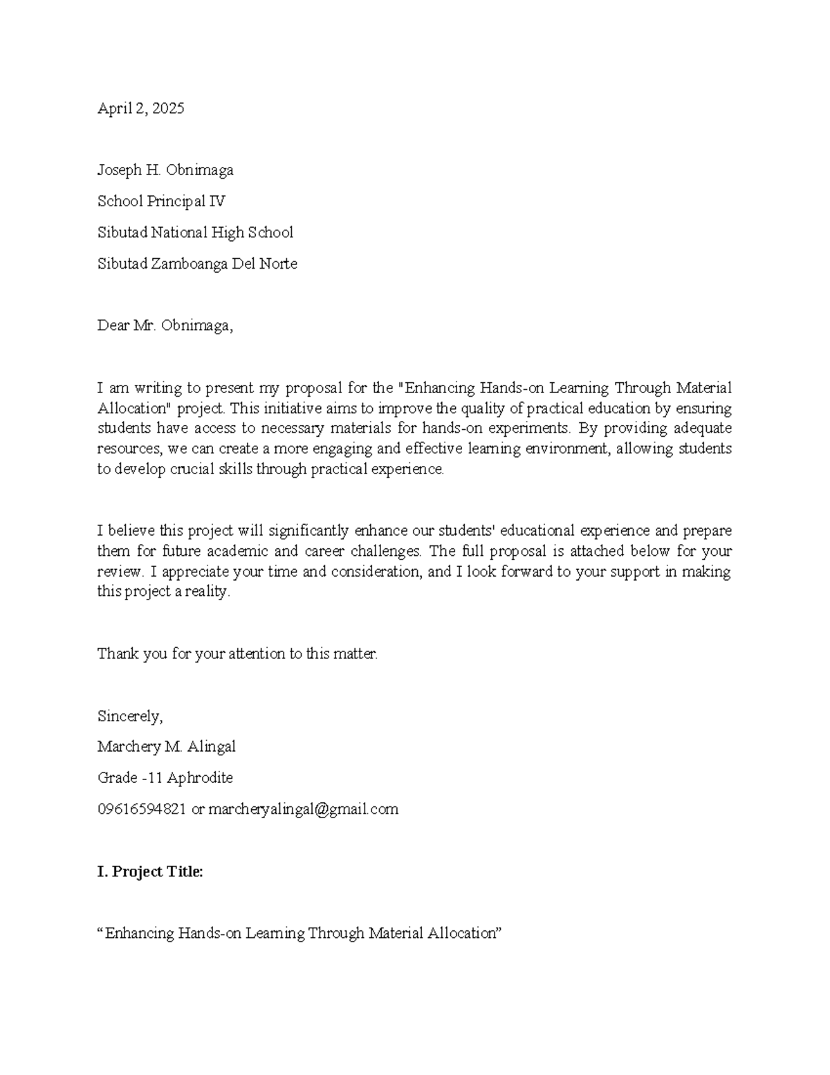 Proposal for Learning Through Material Project - SNHS - Studocu