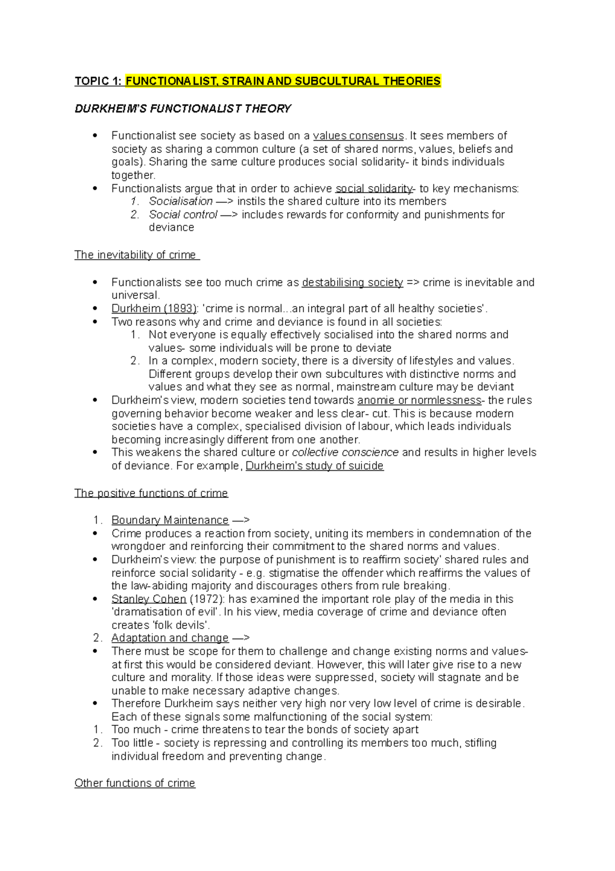 Crime AND Deviance Notes DONE - TOPIC 1: FUNCTIONALIST, STRAIN AND ...