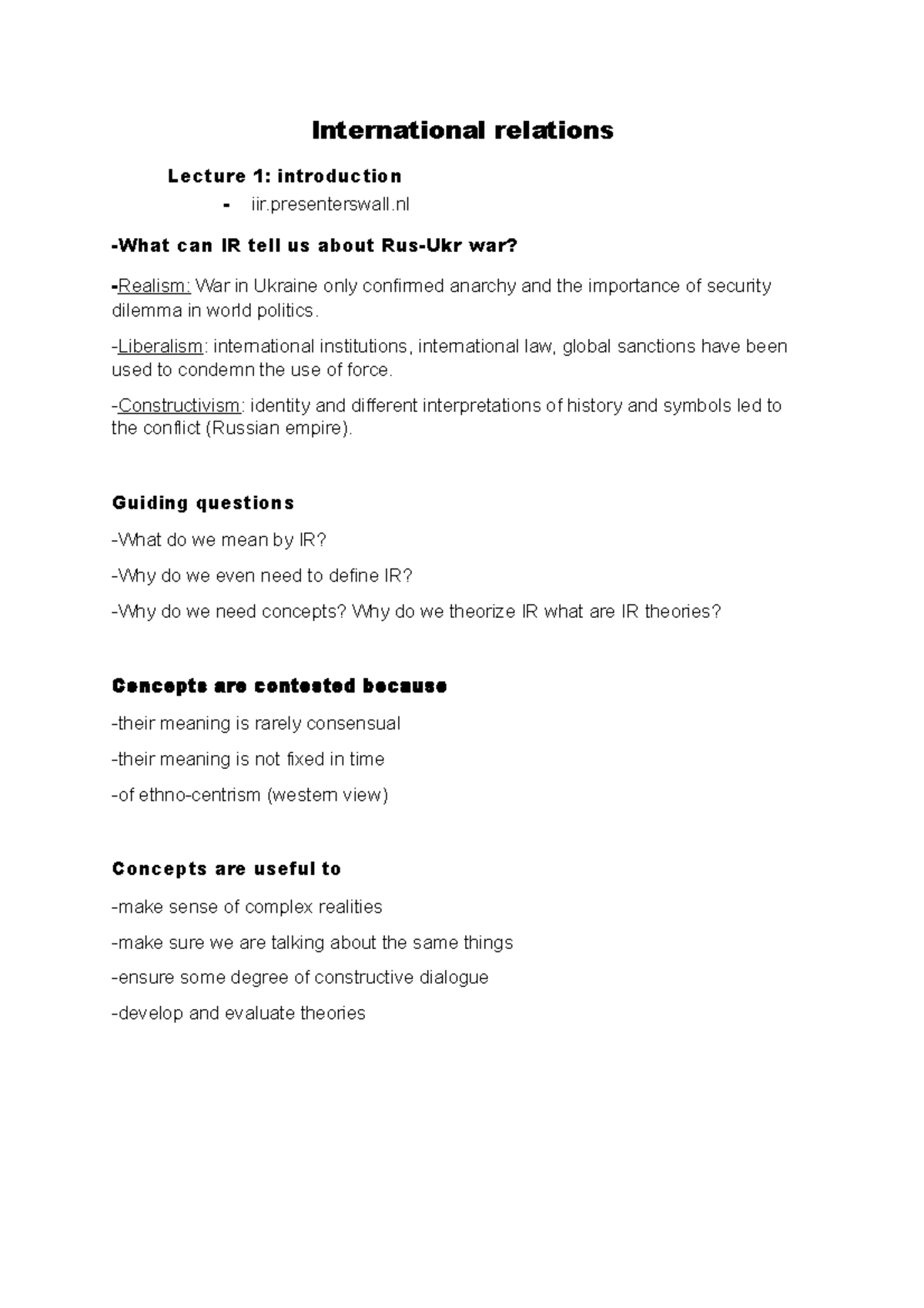 International Relations Lecture Notes: Theories and Implications (IR ...