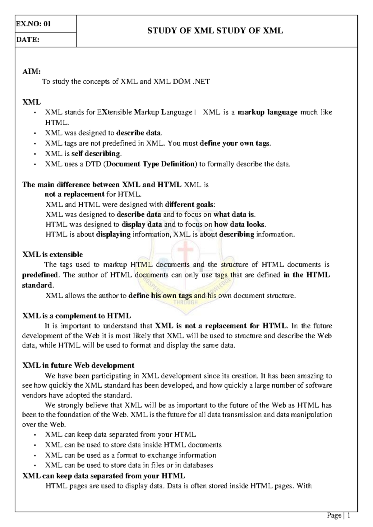 EX.NO: 01 XML Concepts and DOM in .NET - Lab Manual - Studocu