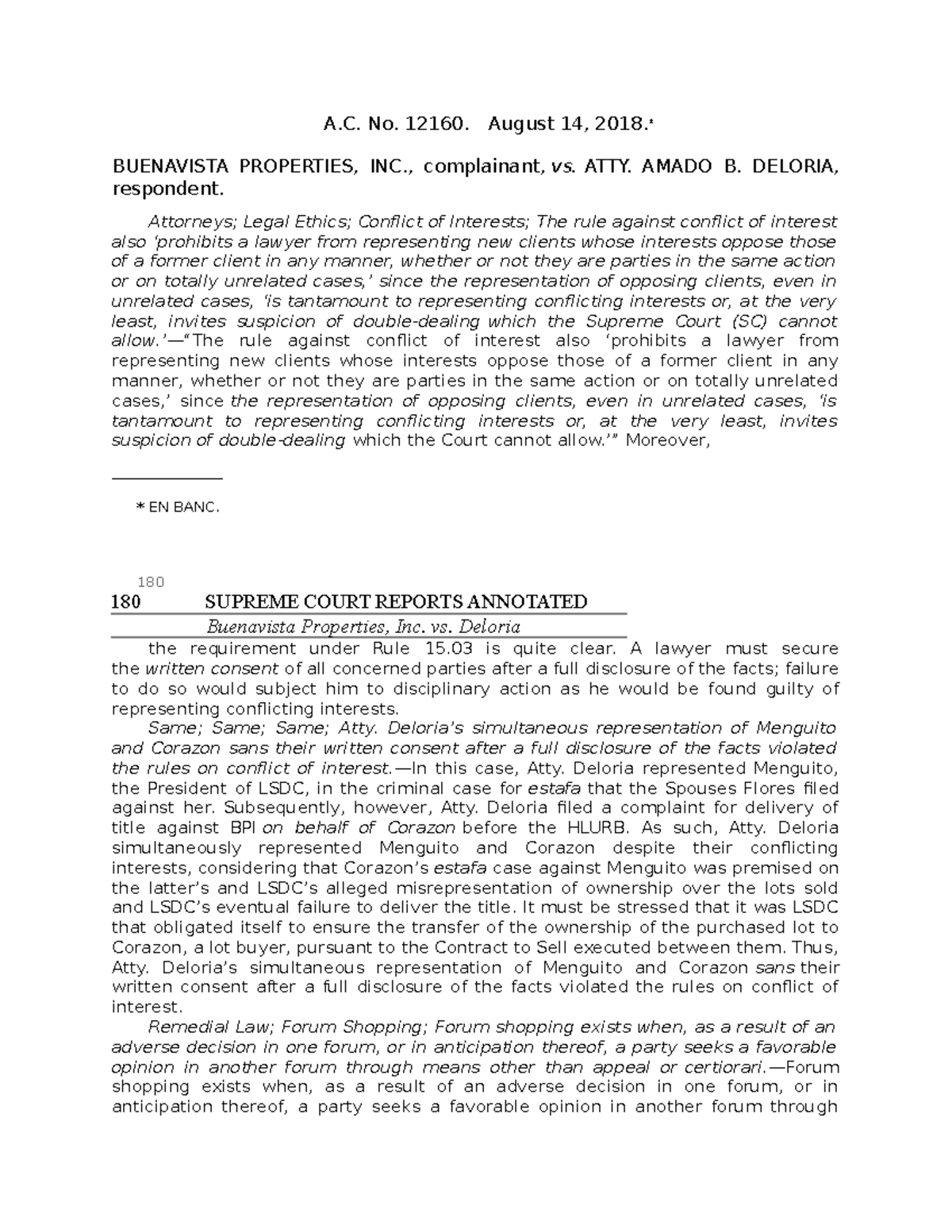 Buenavista Properties, Inc. vs. Deloria - Legal Ethics Case Study - Studocu