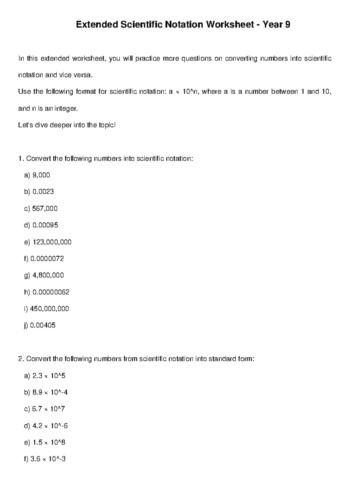 Year 9 Extended Scientific Notation Worksheet for Practice - Studocu