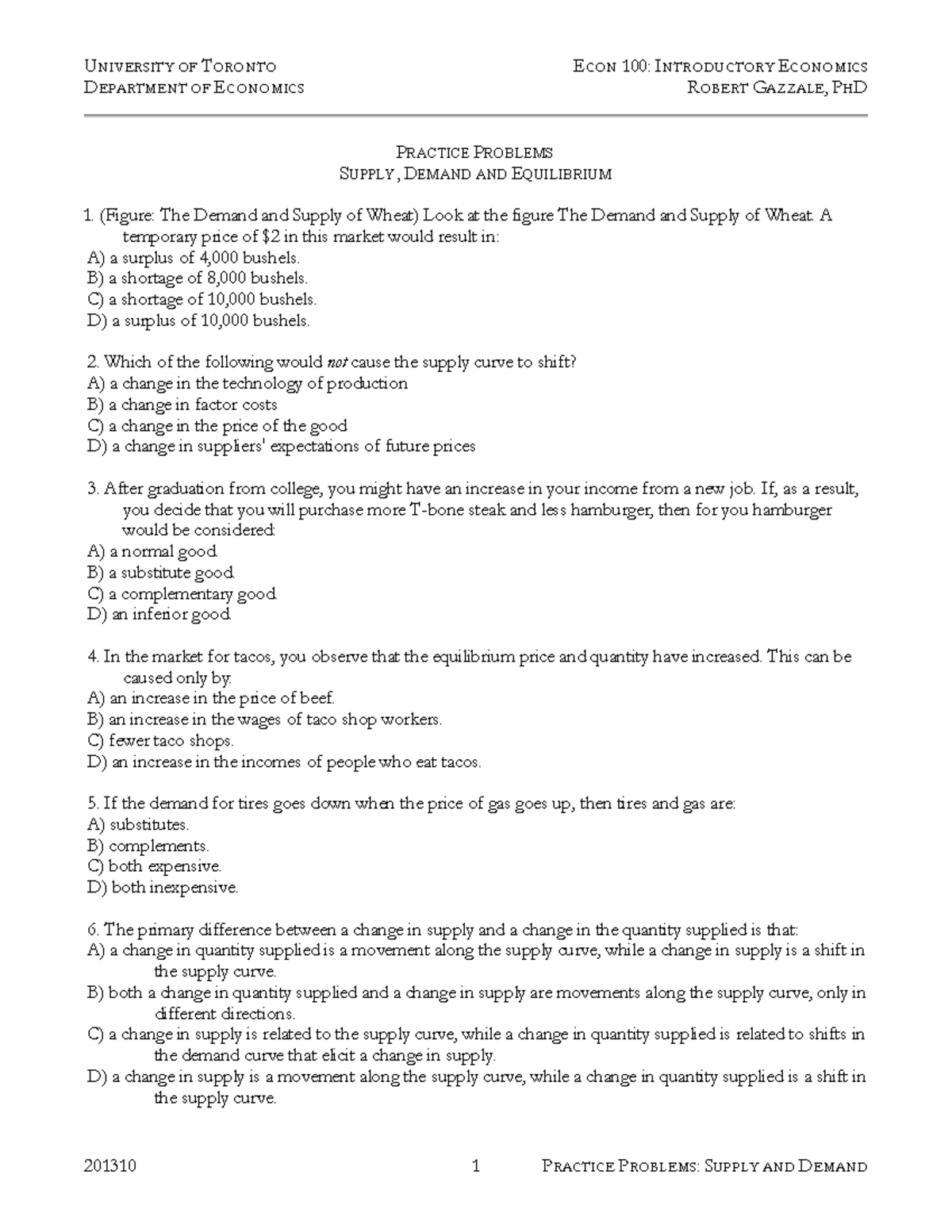 Supply and Demand Equilibrium Practice Problems 03SDE 2013 - Studocu