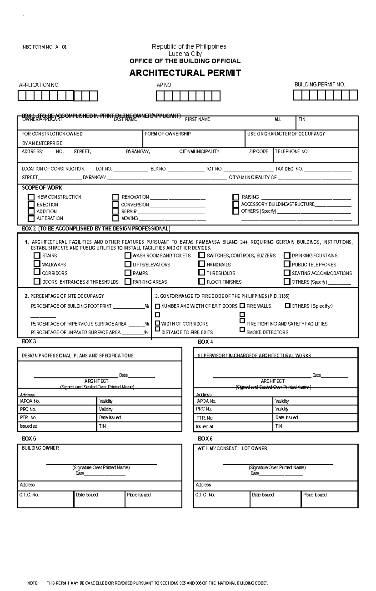 Architectural Permit Application - NBC Form A01 - Studocu