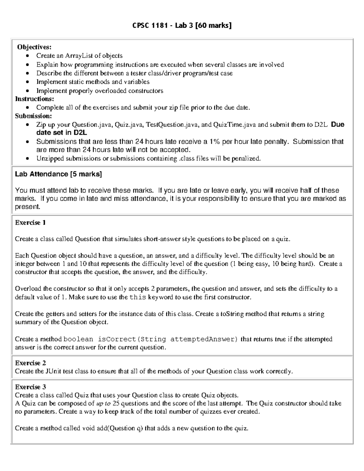 CPSC 1181 - Lab 3: ArrayList and Quiz Class Implementation Guide - Studocu
