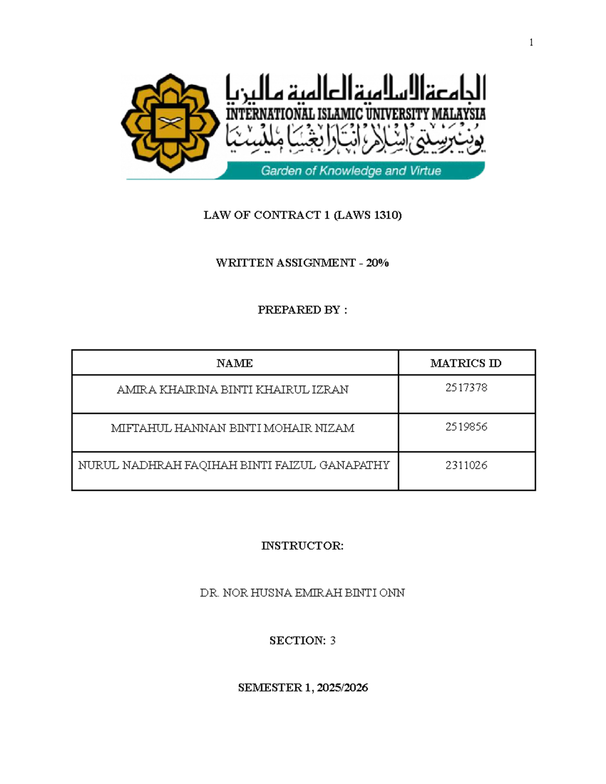 LAW OF CONTRACT 1 (LAWS 1310) WRITTEN ASSIGNMENT ANALYSIS - Studocu