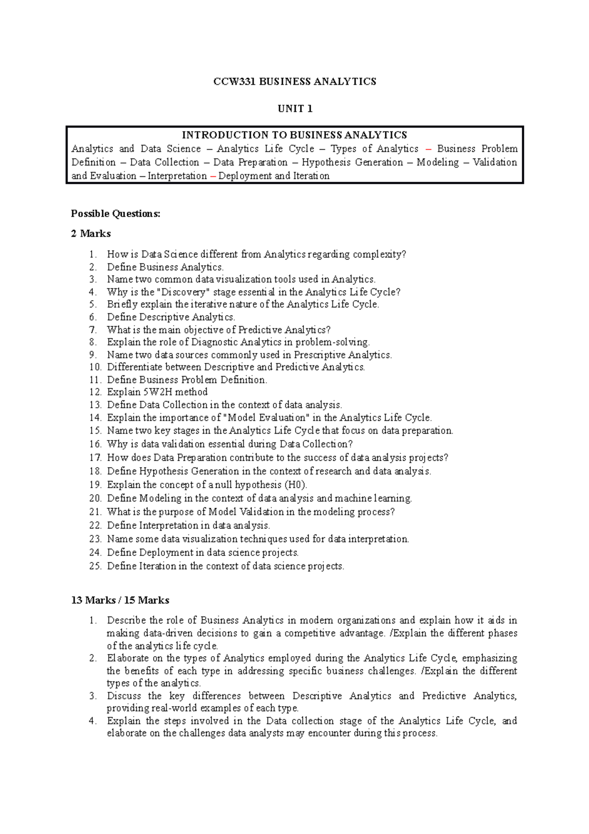 CCW331 UNIT-1 Business Analytics Key Questions and Concepts - Studocu