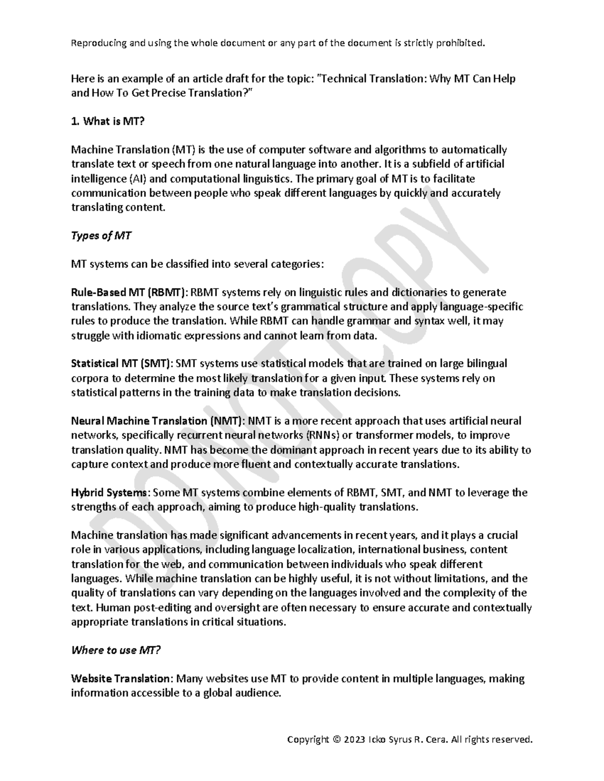 Draft Research on MT and Technical Translation: Key Insights and ...