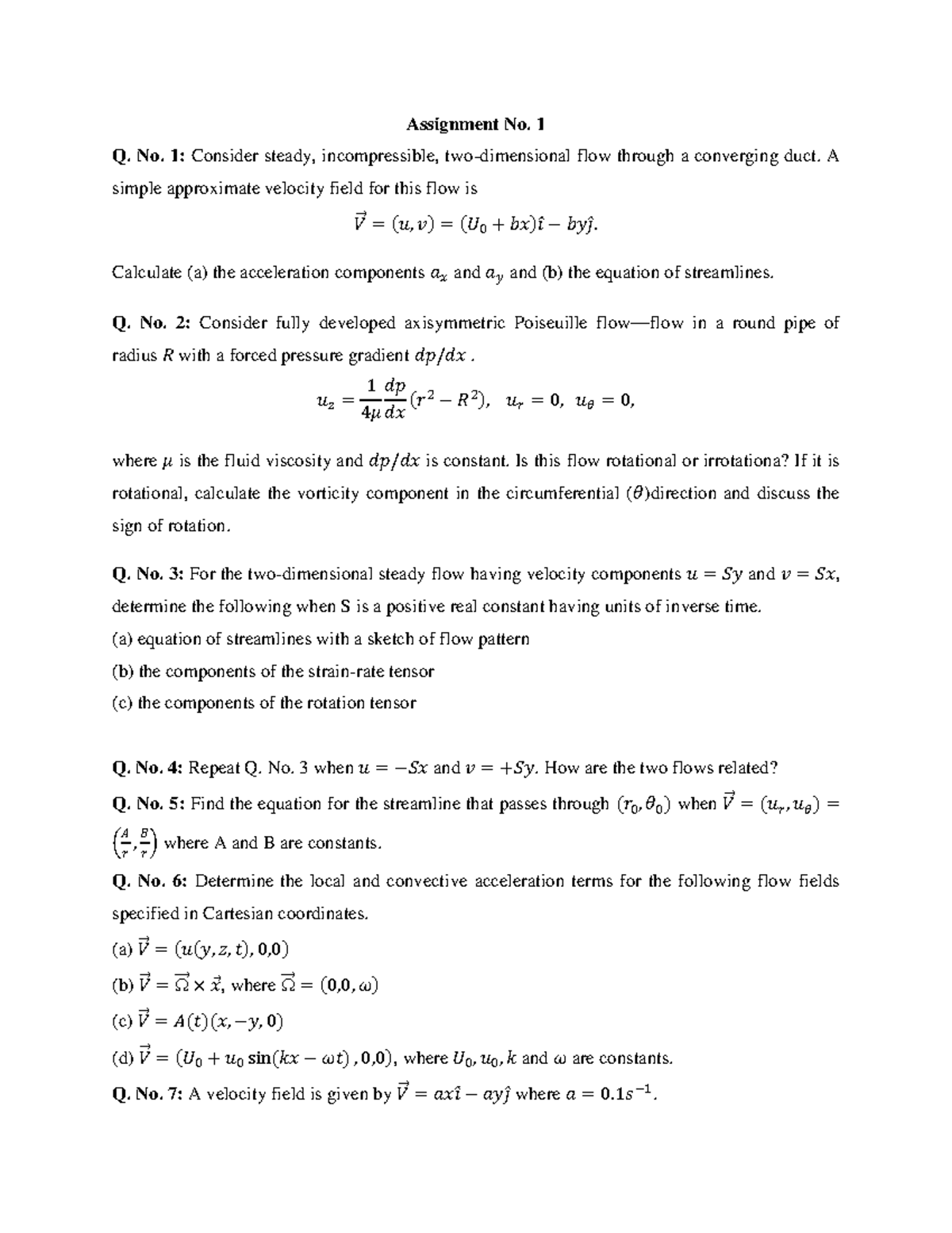 Fluid Mechanics Assignment No. 1: Velocity Fields and Streamlines - Studocu