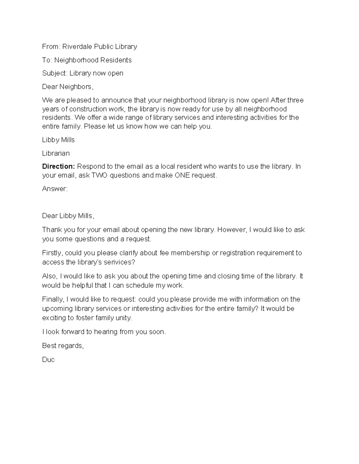 Library Opening Announcement - Questions & Request from Duc - Studocu